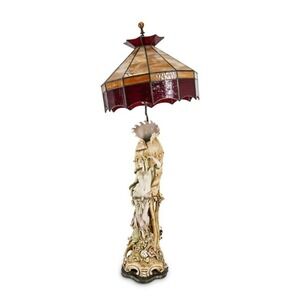 Antique Austrian Figural Table Lamp Lady Shell Porcelain Stained Glass No Shade